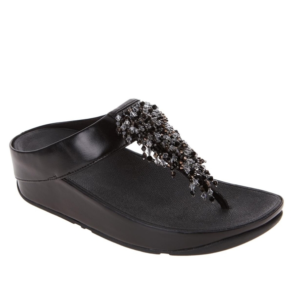 Fitflop Shoes - Black FitFlop Rumba Beaded Metallic Toe Post Wedge Sandal NIB